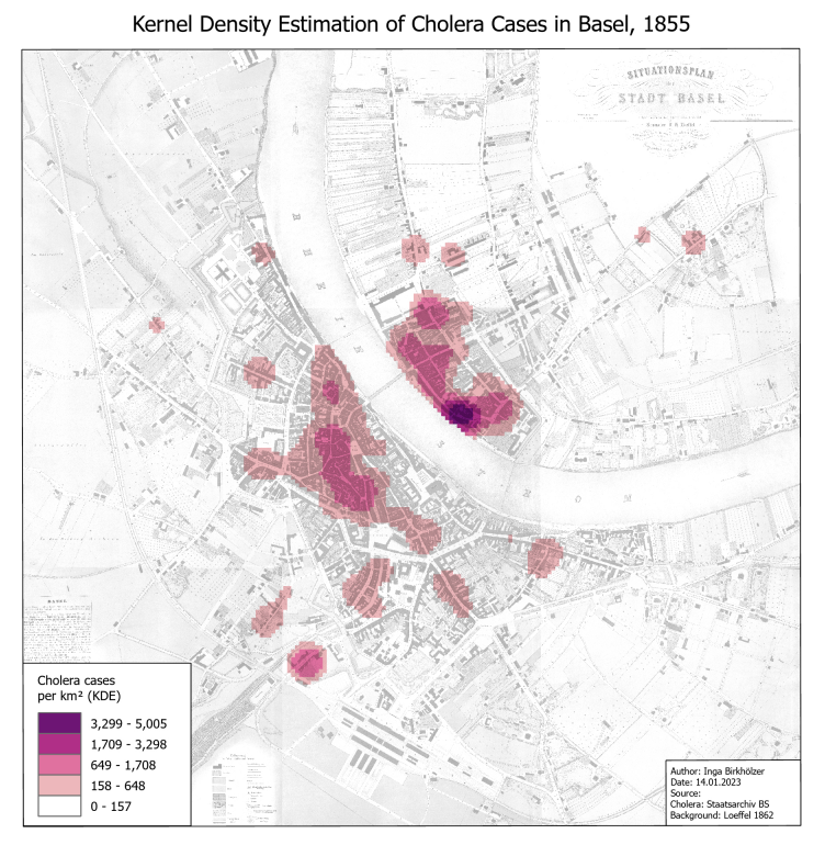 Kernel Density Estimation (KDE: "Kerndichteschätzer) der Cholerafälle in Basel (Quelle: Inga Birkhölzer).