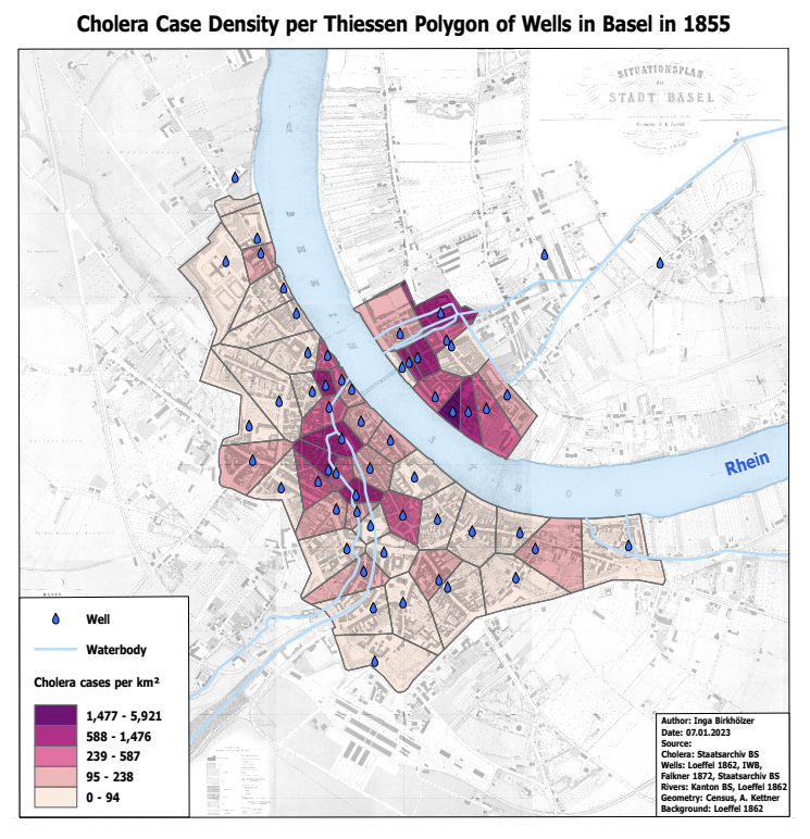Cholerafälle pro Einzugsgebiet (thiessen Polygone) der öffentlichen Brunnen (Quelle: Inga Birkhäuser).