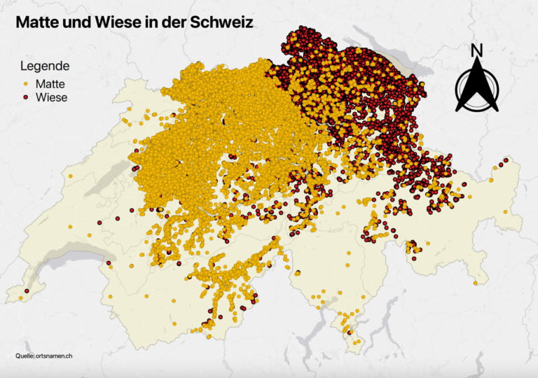 Verteilung der Flurnamen in der Schweiz, die das Element «Matte» oder «Wiese» enthalten (Quelle: Laura Nigg, ortsnamen.ch).